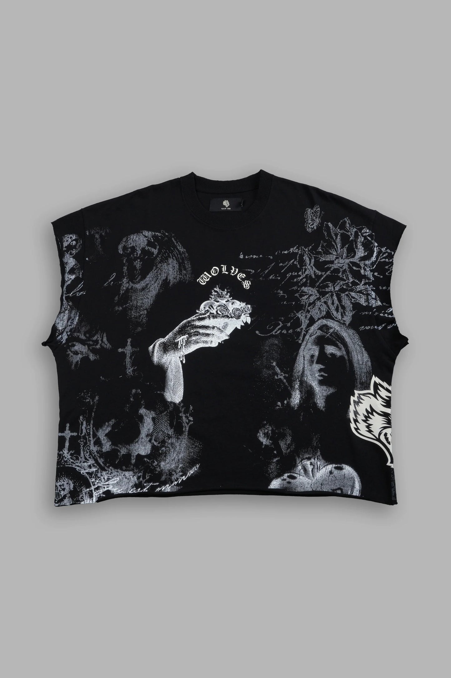 DS-0098 Heart of Thorns Distressed Grunge Cut-Off Mid-Length Raw Hem Tee in Black