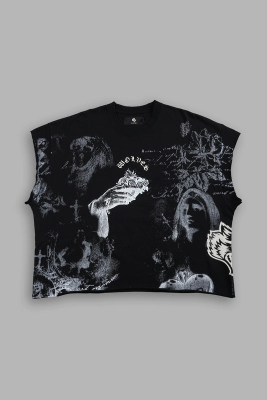 DS-0098 Heart of Thorns Distressed Grunge Cut-Off Mid-Length Raw Hem Tee in Black