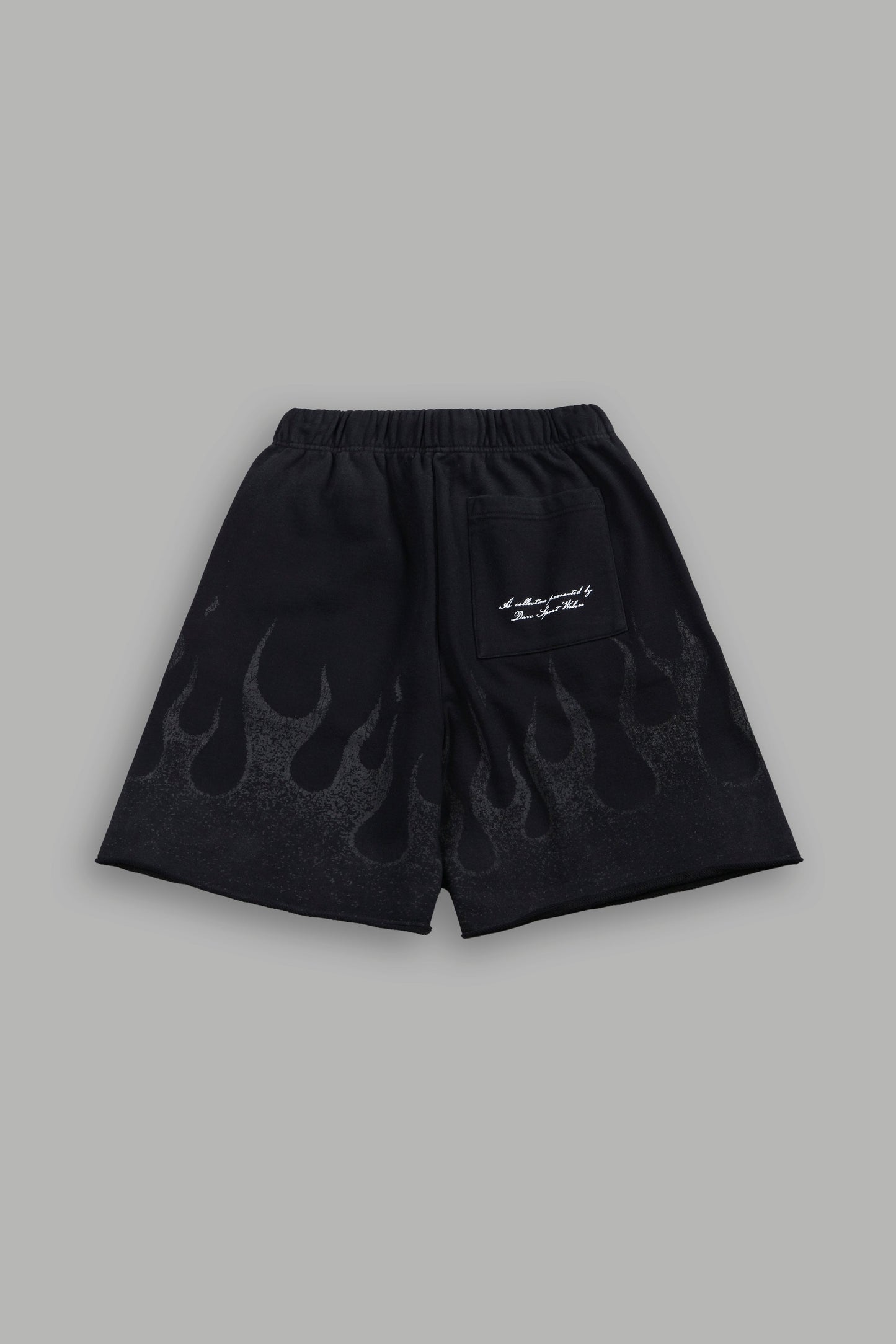 DS-0295 Wolves Club Cherub Inferno Grunge Oversized Raw Hem Post Lounge Sweat Shorts in Black Drift Wash