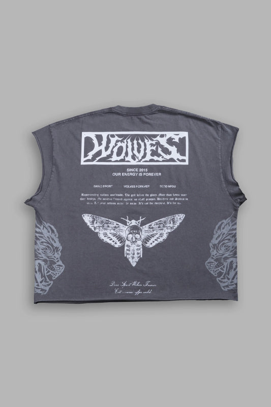 DS-0181 Death’s-Head Grunge Cut-Off Mid Length Raw Hem Tee in Slate Gray