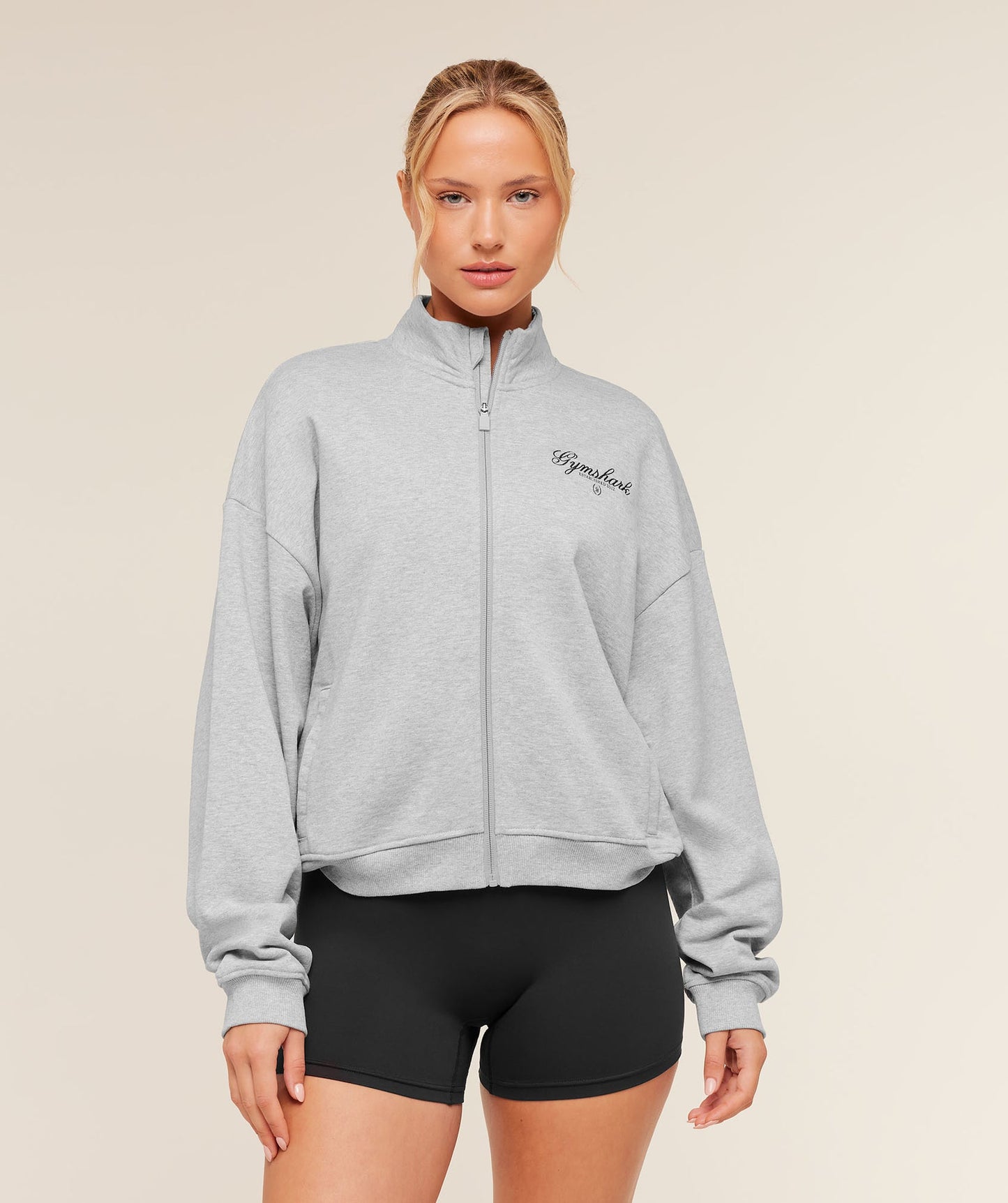 GSW-0130 Script Embroidery Oversized Zip Through - Light Grey Core Marl