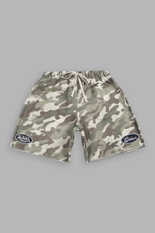 DS/VD-0094 Rebel Heritage Grunge Oversized Raw Hem Post Lounge Sweat Shorts in DSVD Green Camo