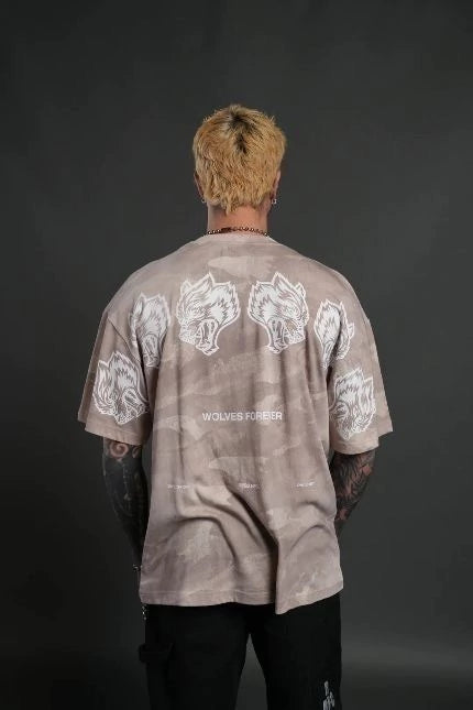DS-0044 Wolves Have Your Back Unisex “Premium” Oversized Tee in Clay Vintage Woodland Camo