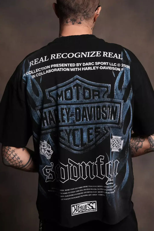 DS/HAR-0060 Ride Forever Distressed Grunge Mid-Length Raw Hem Tee in Black Sun Fade