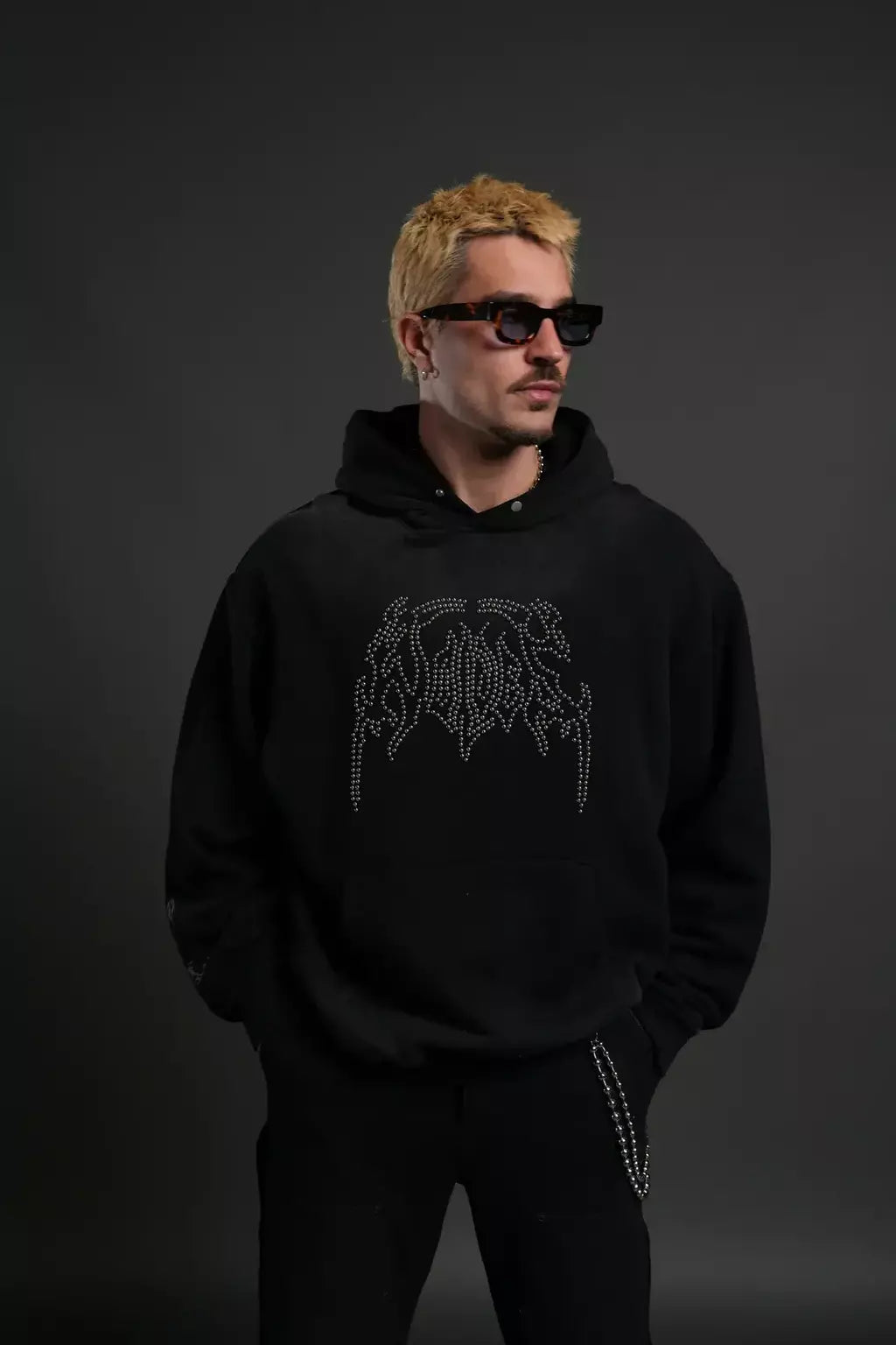DS-0041 Studded Respect Unisex “Pierce” Hoodie in Black Drift Wash