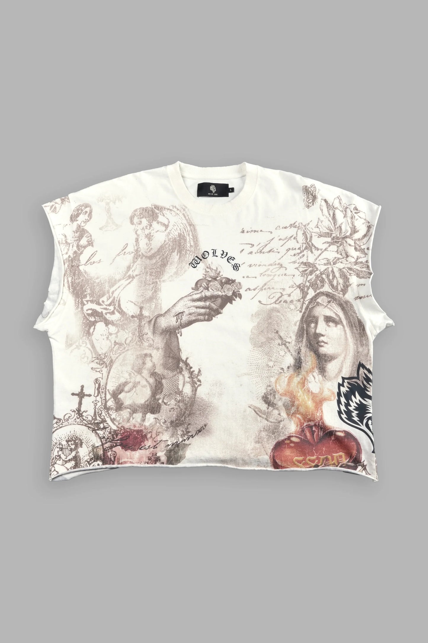 DS-0098 Heart of Thorns Distressed Grunge Cut-Off Mid-Length Raw Hem Tee in Cream