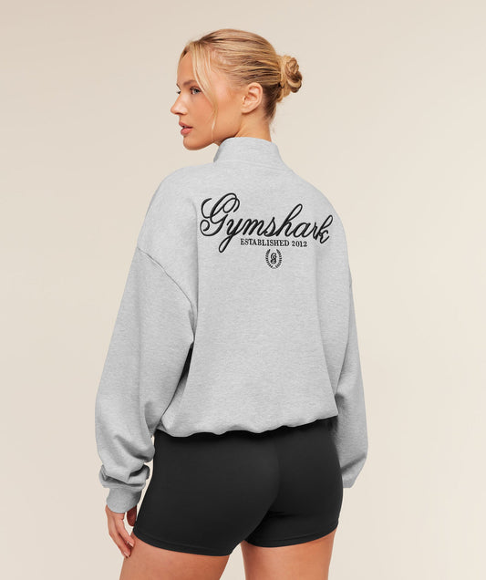 GSW-0130 Script Embroidery Oversized Zip Through - Light Grey Core Marl