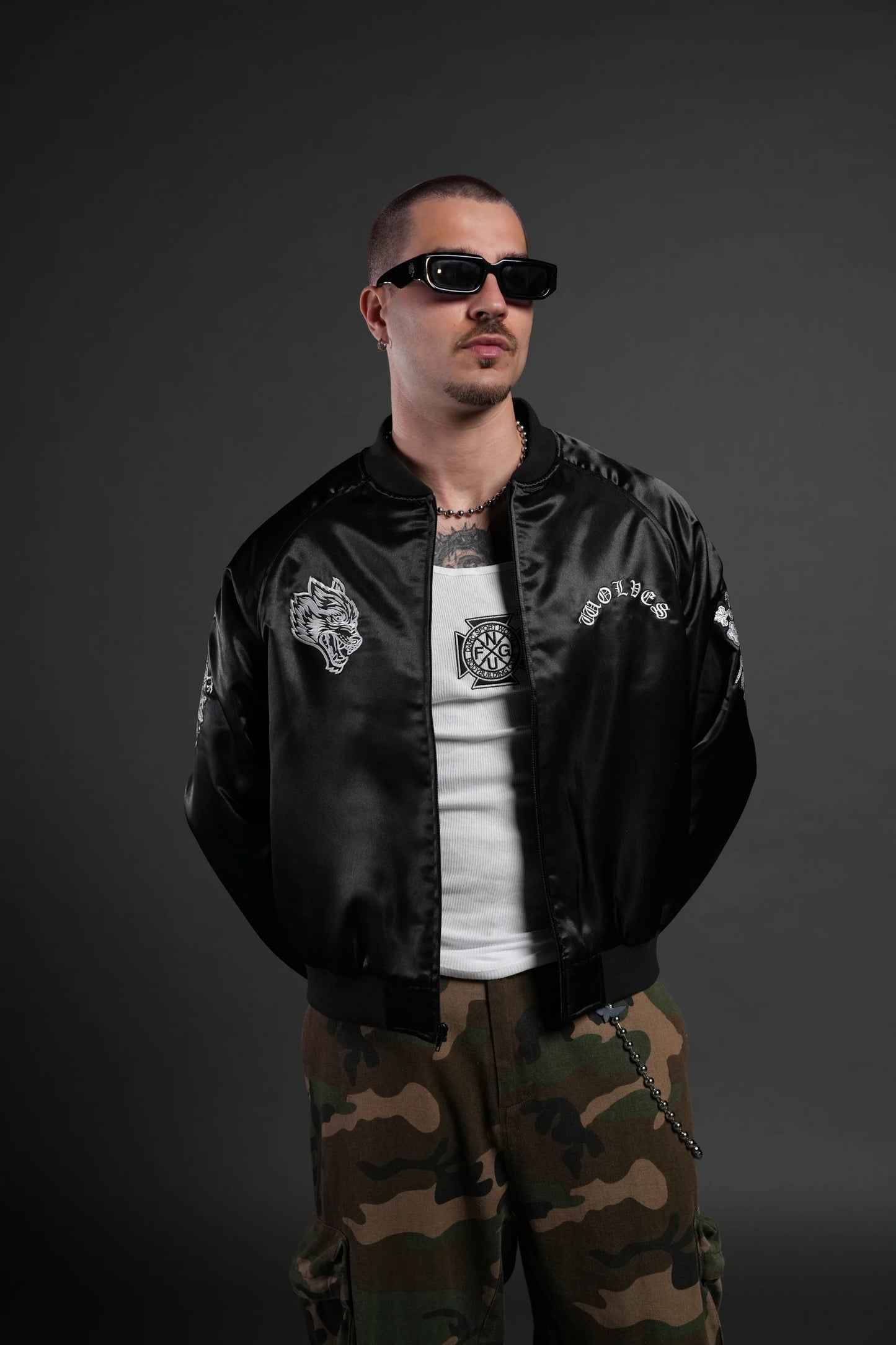 DS-0103 Last Love Unisex Cropped Satin Bomber Jacket in Black