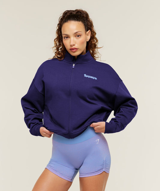 GSW-0132 Script Embroidery Full Zip Jacket - Indigo Purple