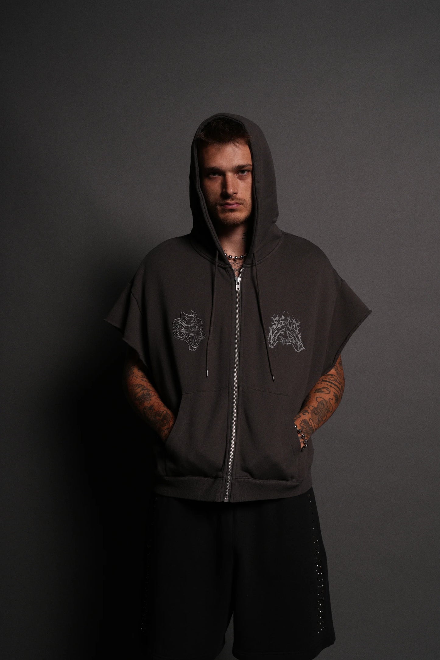 DS-0193 SSDDNFGU Moth Creed Cap Zip Hoodie in Wolf Gray