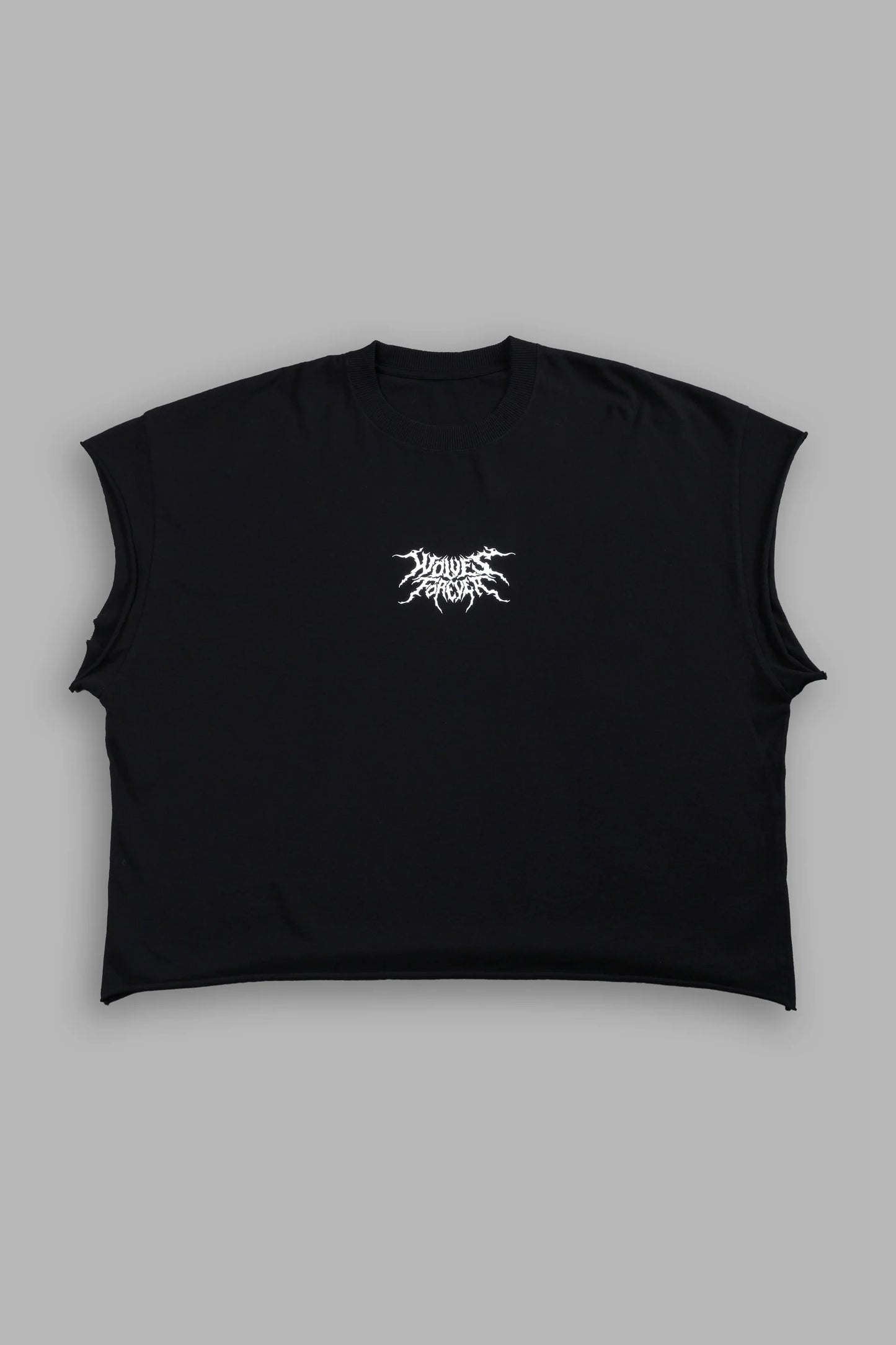 DS-0197 Work in Silence NFGU Grunge Cut-Off Mid Length Raw Hem Tee in Black
