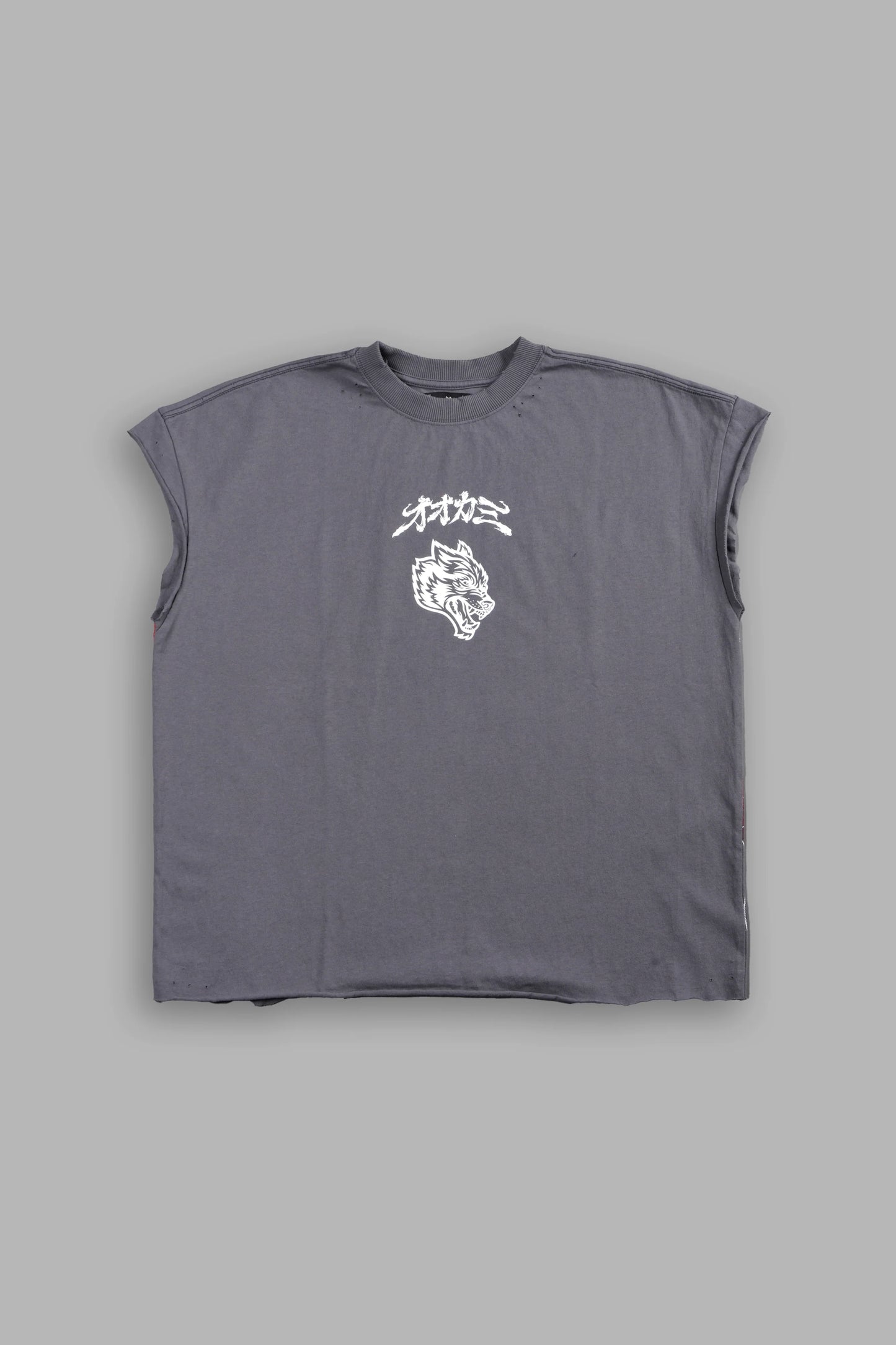 DS-0315 OUR CODE DISTRESSED GRUNGE CUT OFF MID LENGTH RAW HEM TEE IN SLATE GRAY