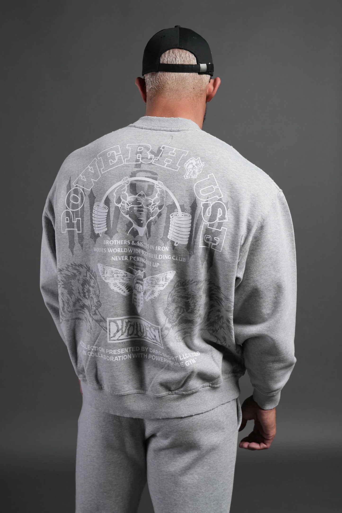 DS-0130 Powerhouse Moth Destroyed Oversized London Crewneck in Light Athletic Gray