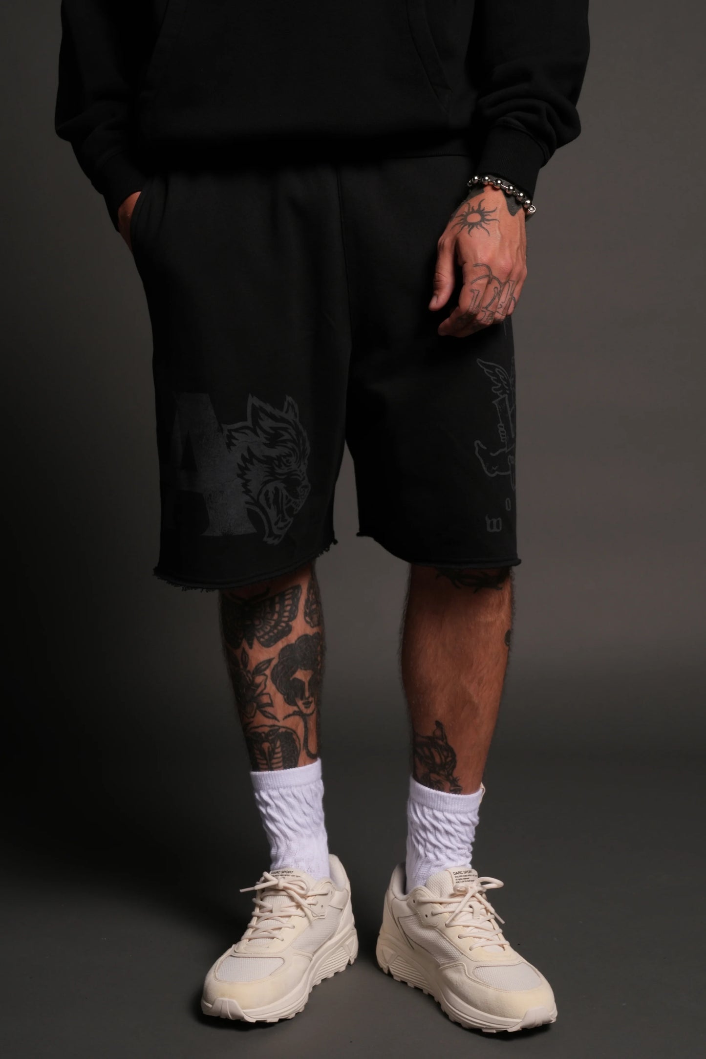 DS-0207 Homage to La Raw Hem Oversized Post Lounge Sweat Shorts in Black