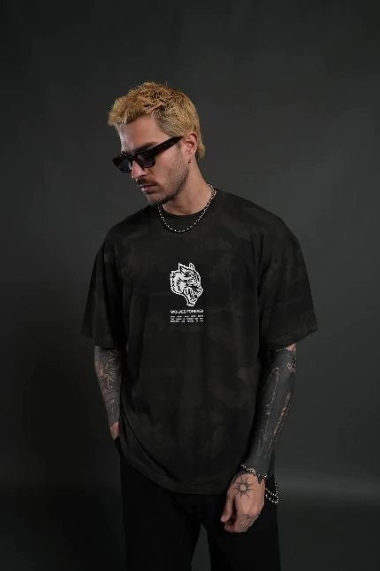 DS-0044 Wolves Have Your Back Unisex “Premium” Oversized Tee in Black Vintage Woodland Camo