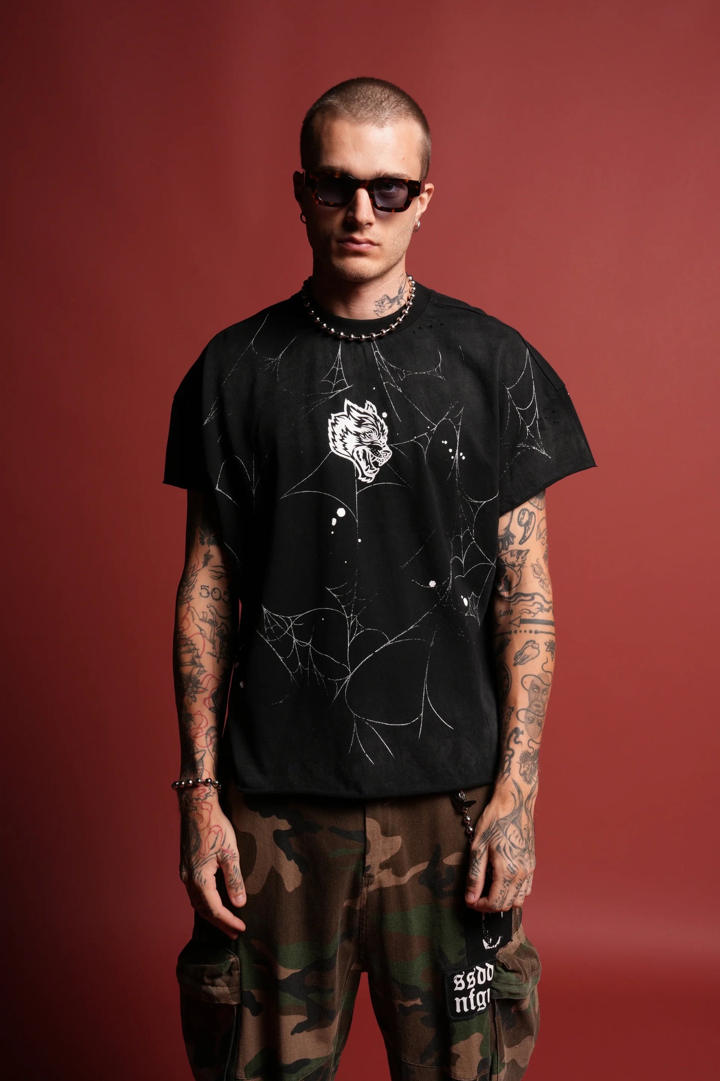 DS-0245 Web Chopper Distressed Grunge Mid Length Raw Hem Cap Sleeve Tee in Black Drift Wash