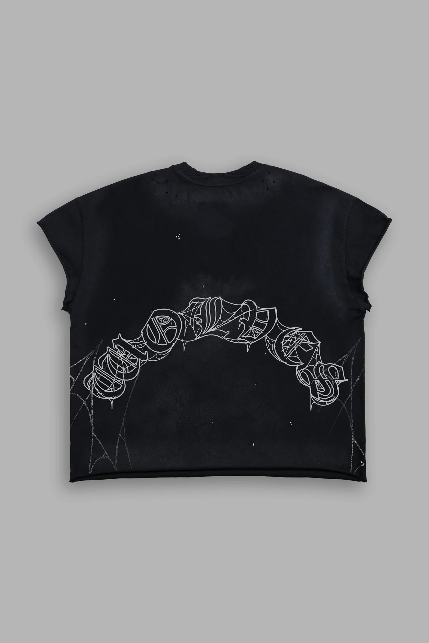 DS-0245 Web Chopper Distressed Grunge Mid Length Raw Hem Cap Sleeve Tee in Black Drift Wash