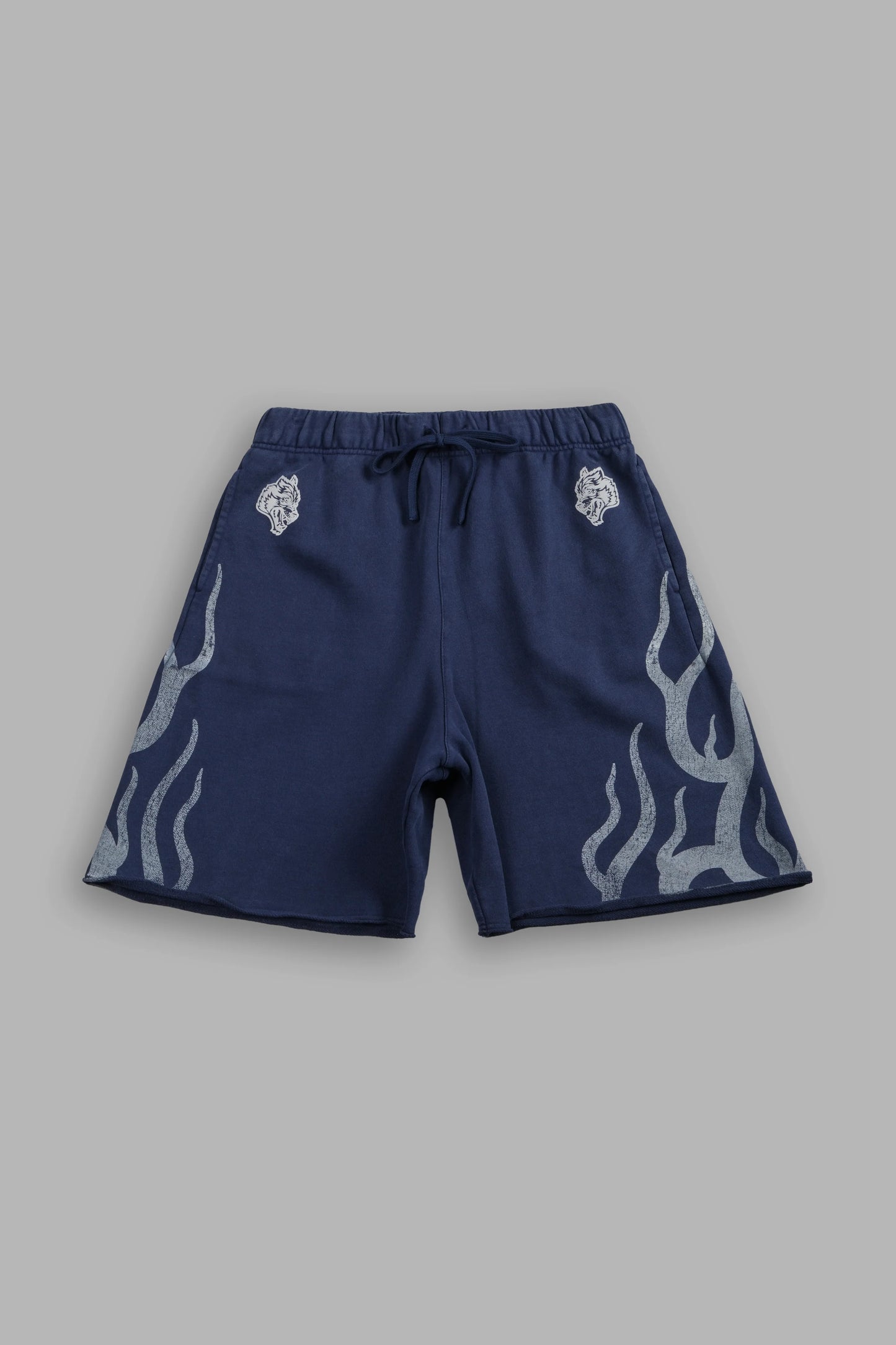 DS-0324 FIGHT OR FLIGHT GRUNGE OVERSIZED RAW HEM POST LOUNGE SWEAT SHORTS IN NAVY
