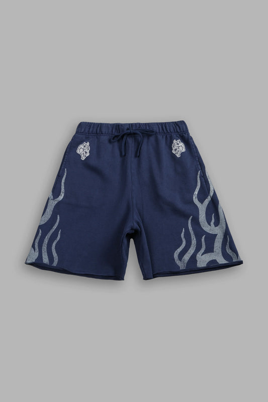 DS-0324 FIGHT OR FLIGHT GRUNGE OVERSIZED RAW HEM POST LOUNGE SWEAT SHORTS IN NAVY