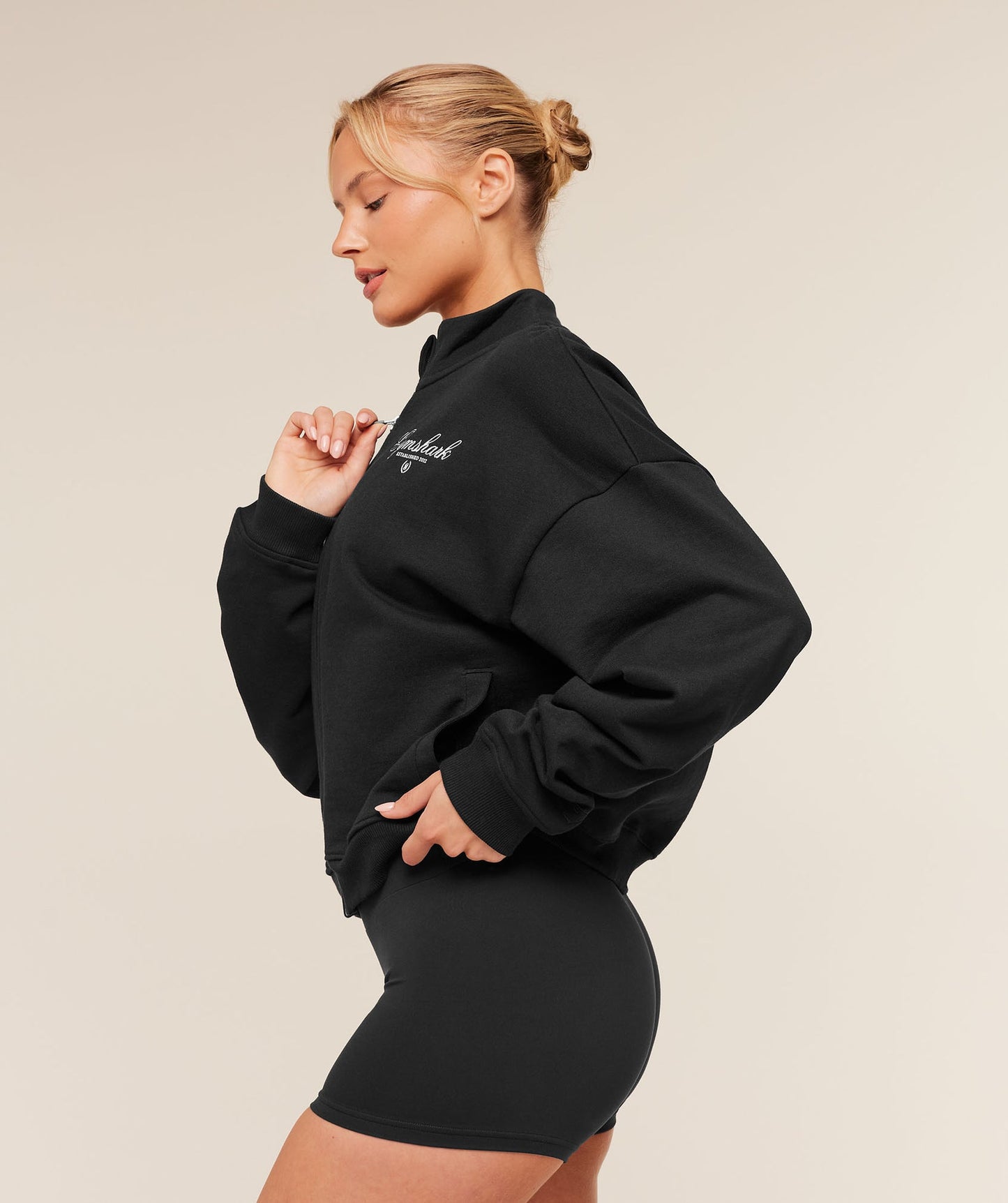 GSW-0130 Script Embroidery Oversized Zip Through - Black