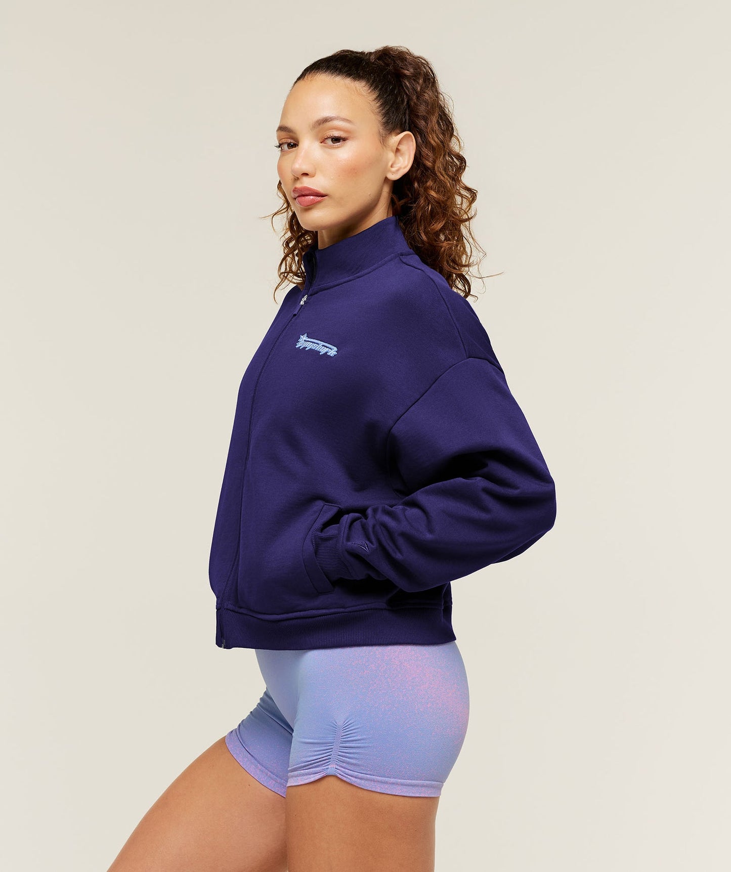 GSW-0132 Script Embroidery Full Zip Jacket - Indigo Purple