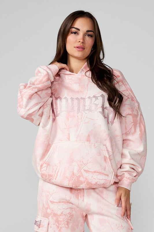 W5168 - CAMO BLING HOODIE Pink Barbed Wire Camo