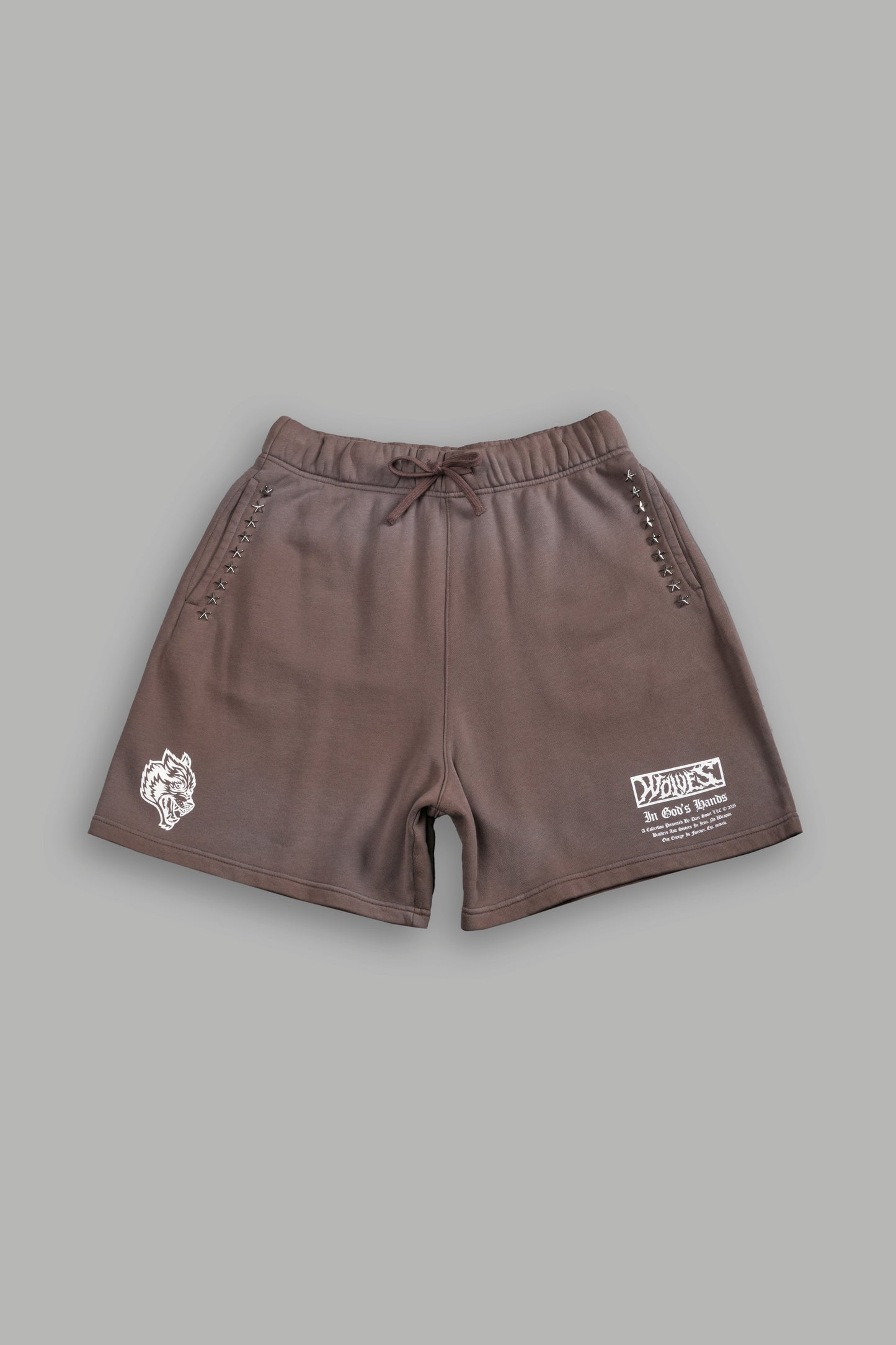 DS-0194 Studded Midnight Wolves Oversized Post Lounge Sweat Shorts in Mojave Brown Drift Wash