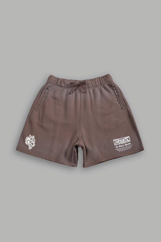 DS-0194 Studded Midnight Wolves Oversized Post Lounge Sweat Shorts in Mojave Brown Drift Wash