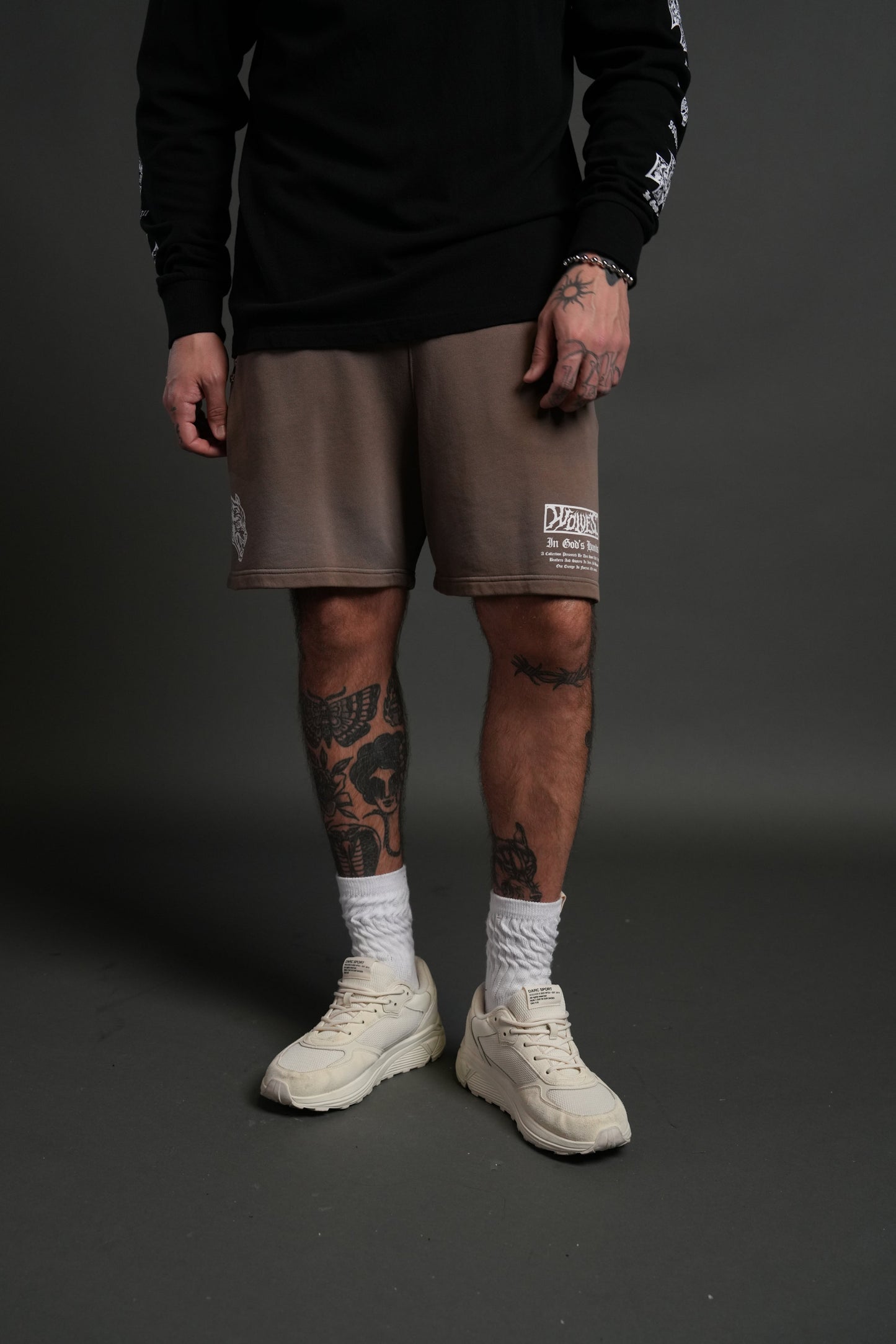 DS-0194 Studded Midnight Wolves Oversized Post Lounge Sweat Shorts in Mojave Brown Drift Wash