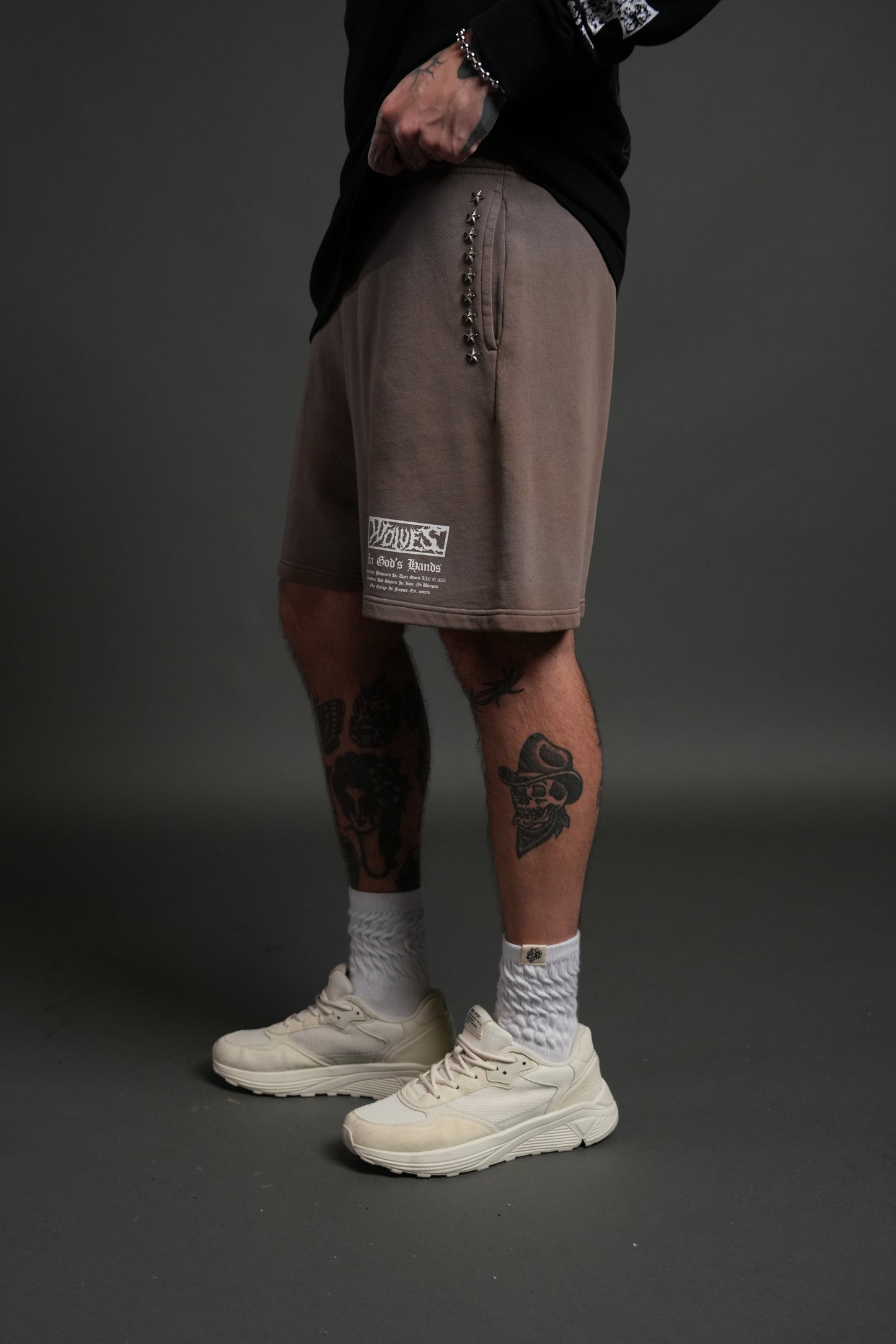 DS-0194 Studded Midnight Wolves Oversized Post Lounge Sweat Shorts in Mojave Brown Drift Wash