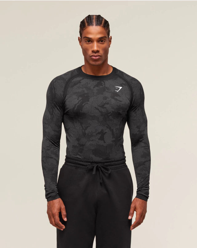 GS-0013 GEO SEAMLESS Long Sleeve T-SHIRT Black Charcoal Grey