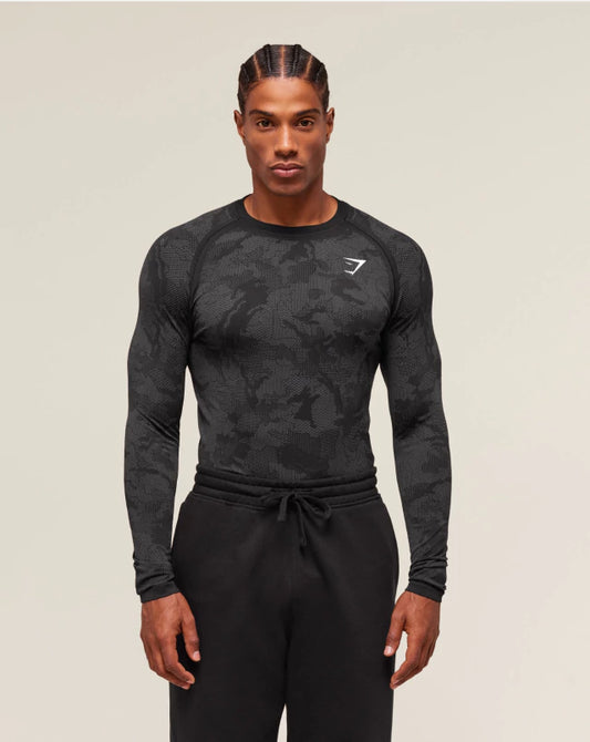 GS-0013 GEO SEAMLESS Long Sleeve T-SHIRT Black Charcoal Grey