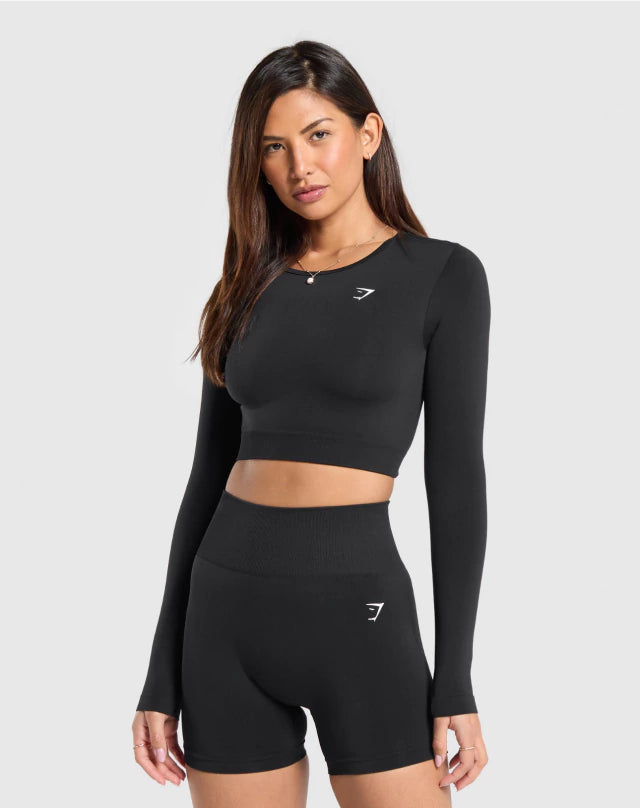 GSW-0020 Everyday Seamless Long Sleeve Crop Top - Black
