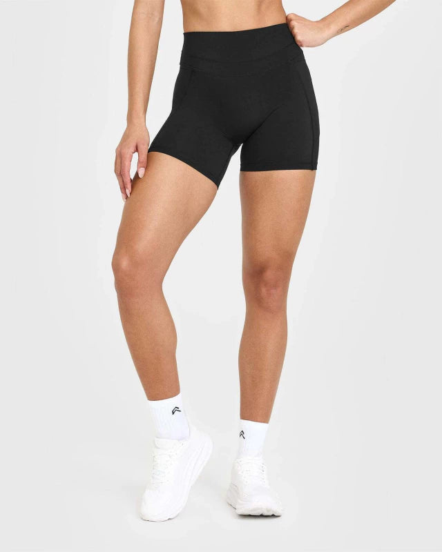UnifiedMove High Waisted Pocket Shorts 6” White Logo - Black