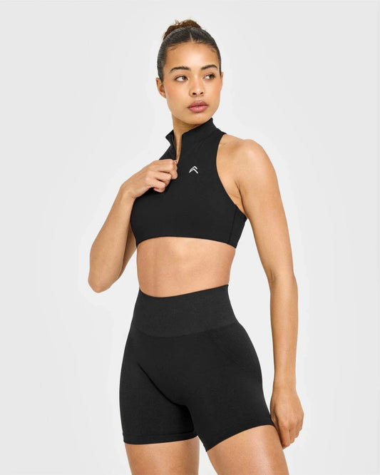 EasyLift™ Zip High Neck Sports Bra with White Logo - Black