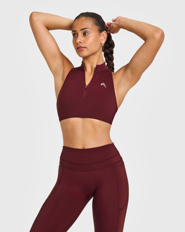 EasyLift™ Zip High Neck Sports Bra with White Logo - Rosewood