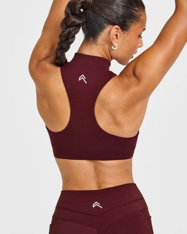 EasyLift™ Zip High Neck Sports Bra with White Logo - Rosewood