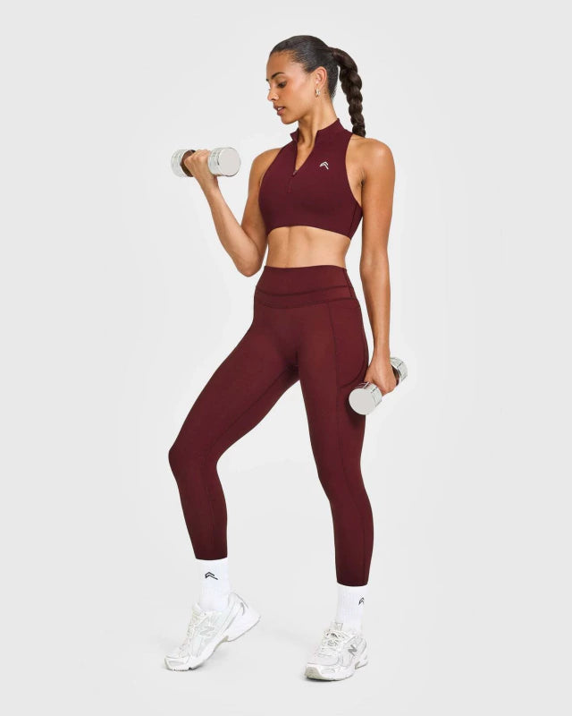 EasyLift™ Zip High Neck Sports Bra with White Logo - Rosewood